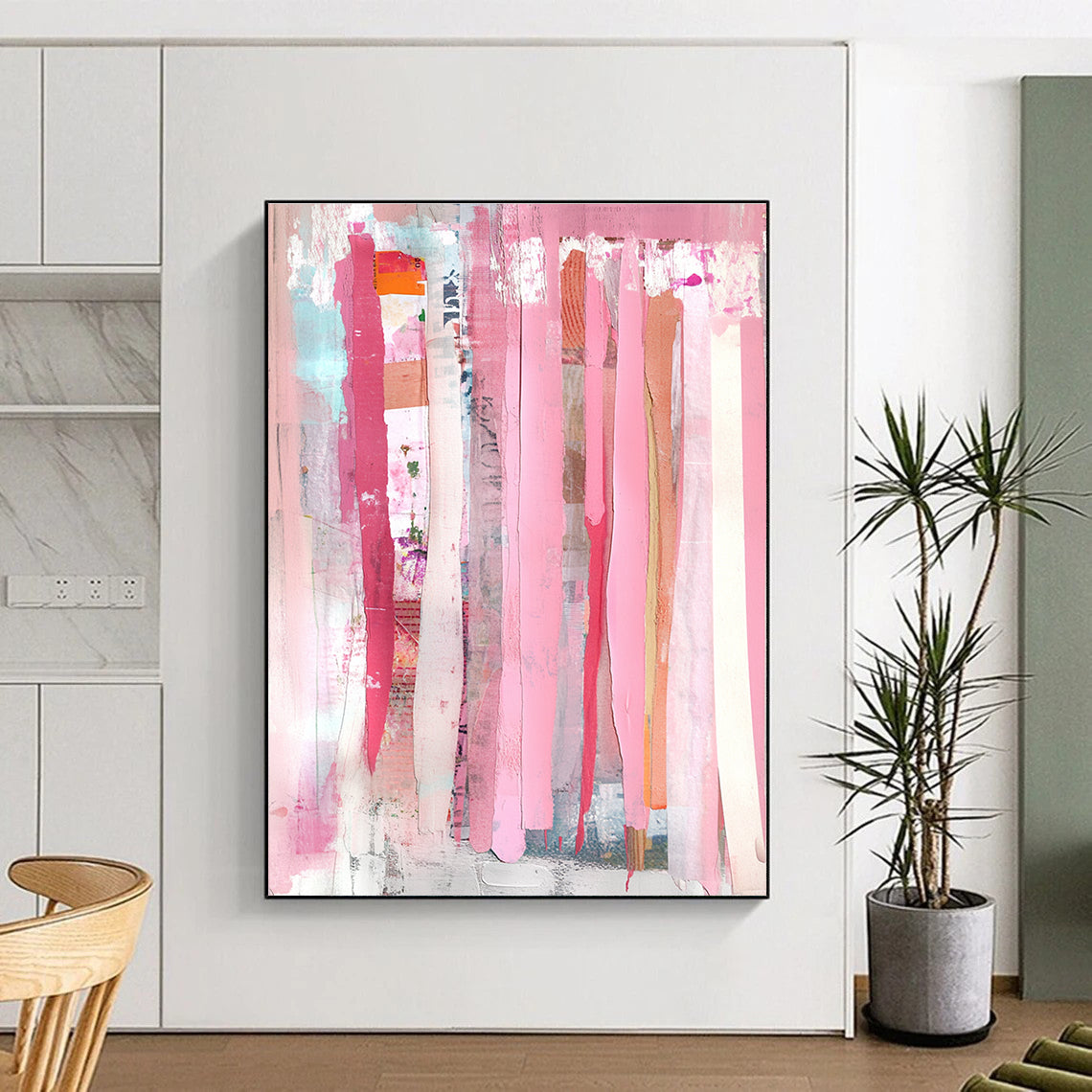 Bold abstract painting featuring peach-colored pink curtains with mixed media collage of torn paper and painted elements for a unique artistic expression.STSC1407