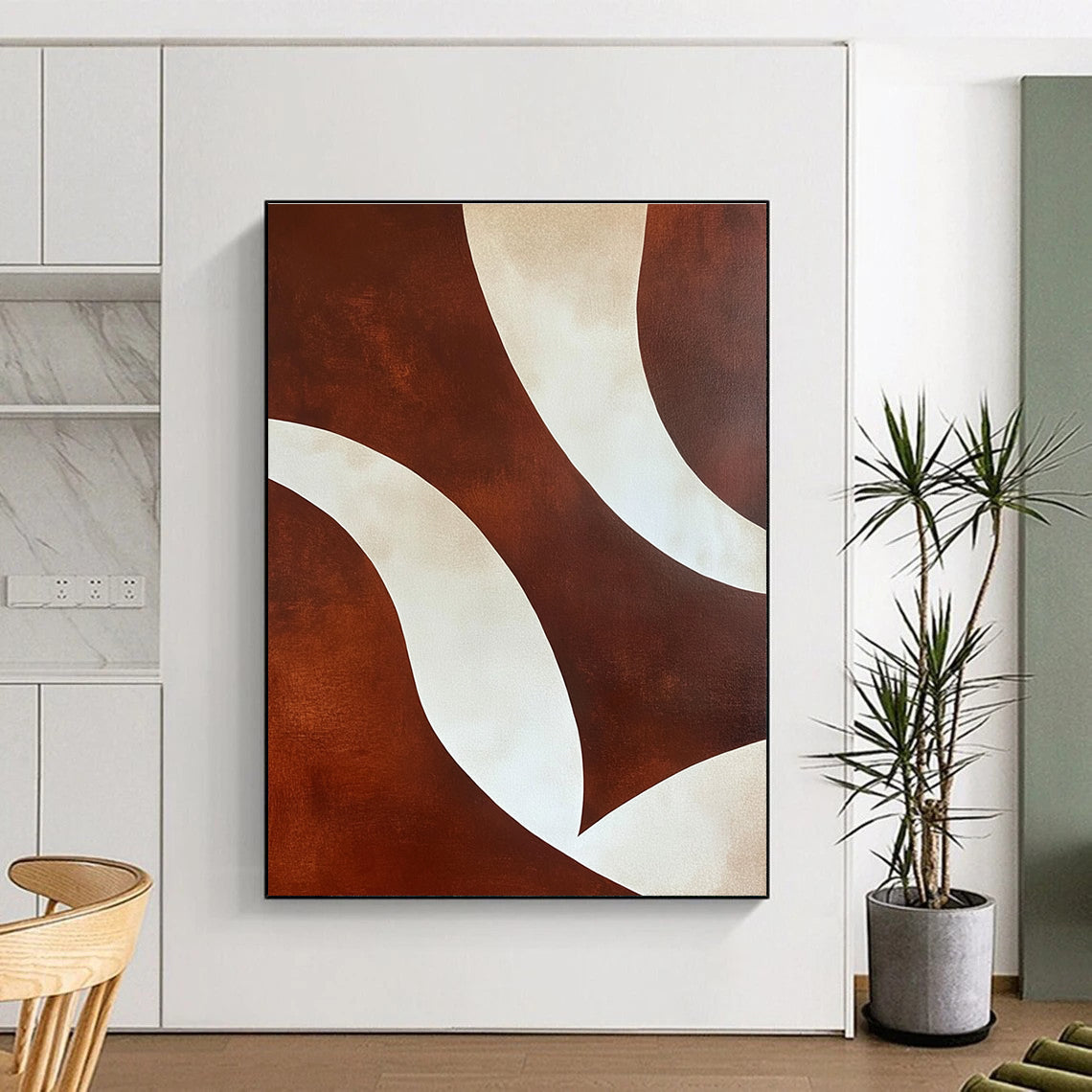 Brown and White Curved Shapes Abstract Painting with Smooth Lines GER030