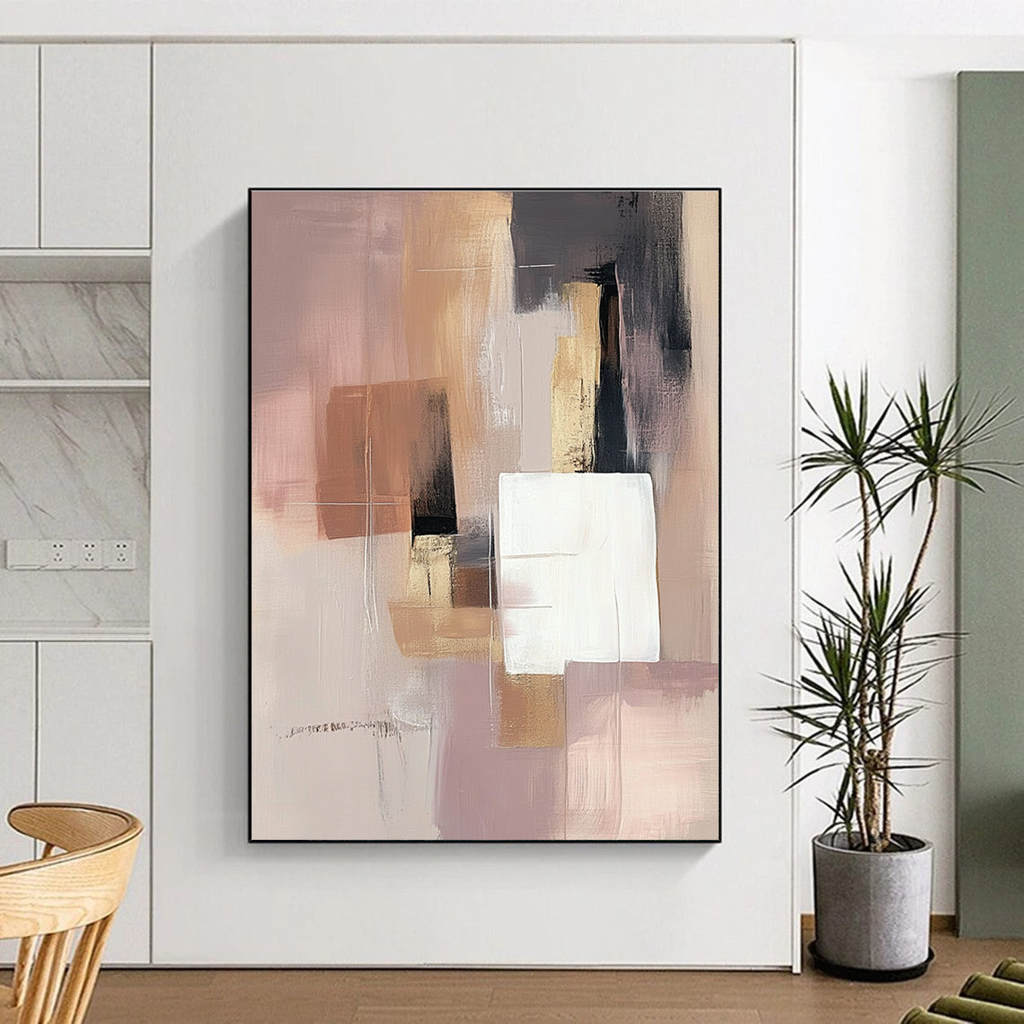 Large abstract painting in soft pink beige and grey with white squares and a brown gray shape featuring gold accents.STSC808