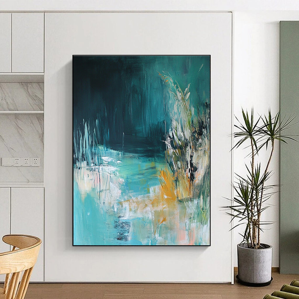 Large abstract painting of an underwater scene featuring light blue and green tones inspired by the style of Kathryn Statsny.STSC275