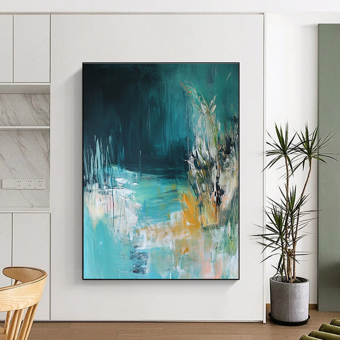 Large abstract painting of an underwater scene featuring light blue and green tones inspired by the style of Kathryn Statsny.STSC275