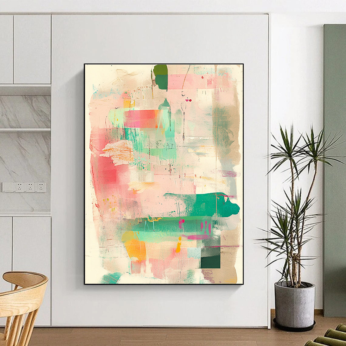 Large abstract artwork featuring muted pastel pink and green tones with mixed media collage elements and vintage paper texture for added depth.STSC1360