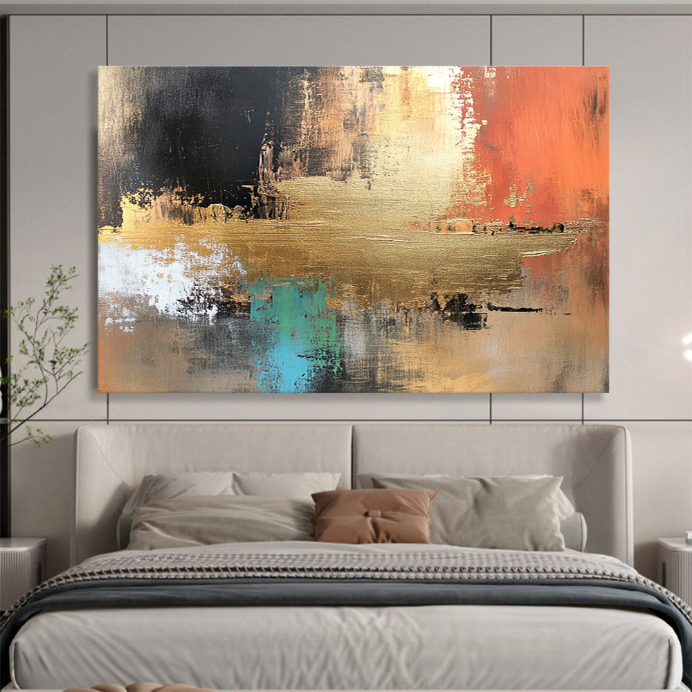 Large abstract canvas painting in golden copper and brown tones with vibrant blue green red black accents featuring white elements and light gold foil details.SC091
