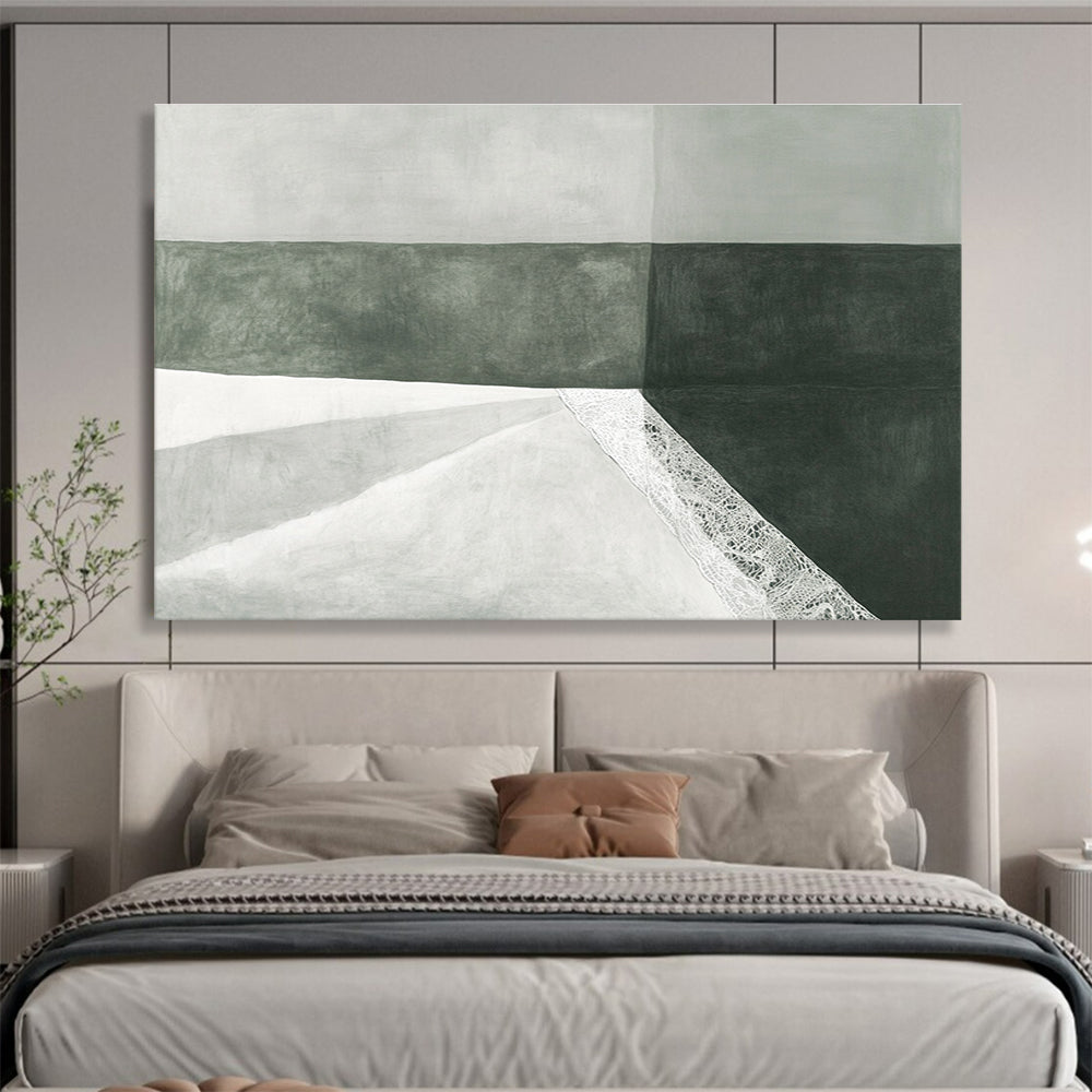 A large abstract drawing features a white fabric bag with lace on green paper against a subtle gray background, showcasing minimalist elegance and soft lighting.SC462