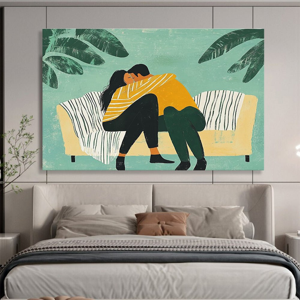 An abstract illustration of a couple embracing on a couch under a striped blanket surrounded by minimalistic plants in bold colors.SC400