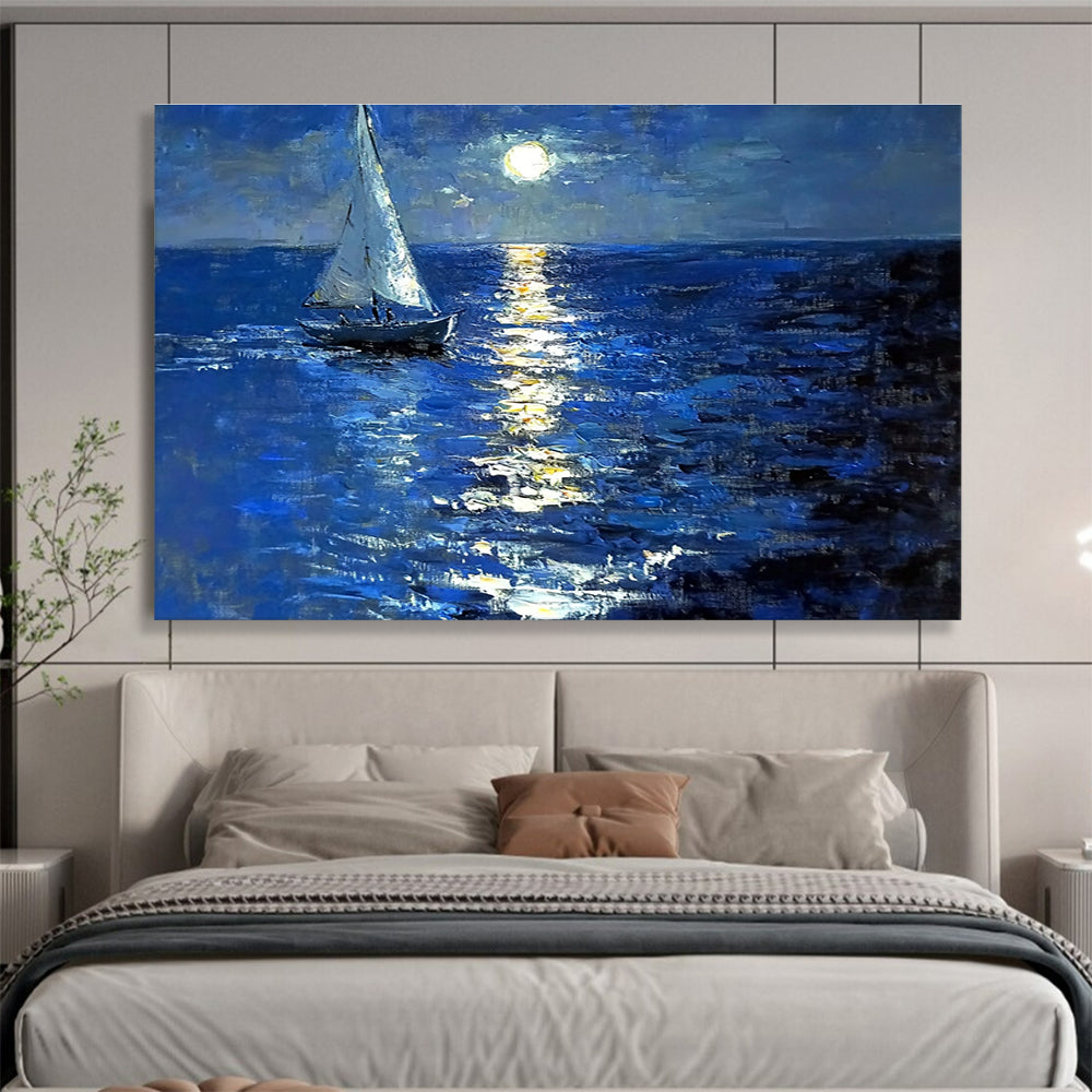 Large abstract painting depicting a sailboat on a moonlit sea with rich colors soft tonal gradations and dreamy reflections.SC604
