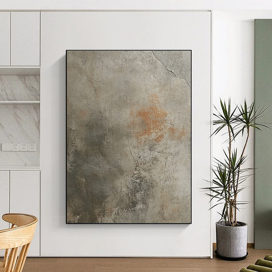 Abstract watercolor illustration blending muted tones on a worn beige concrete floor with a detailed handprint for timeless elegance.STSC1445