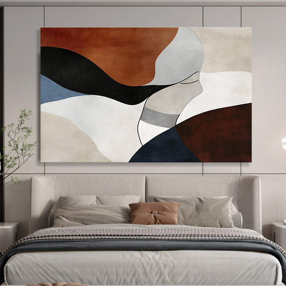 Large abstract art featuring elegant feminine forms in earthy tones, emphasizing organic curves and geometric patterns for a serene modern aesthetic.SC299