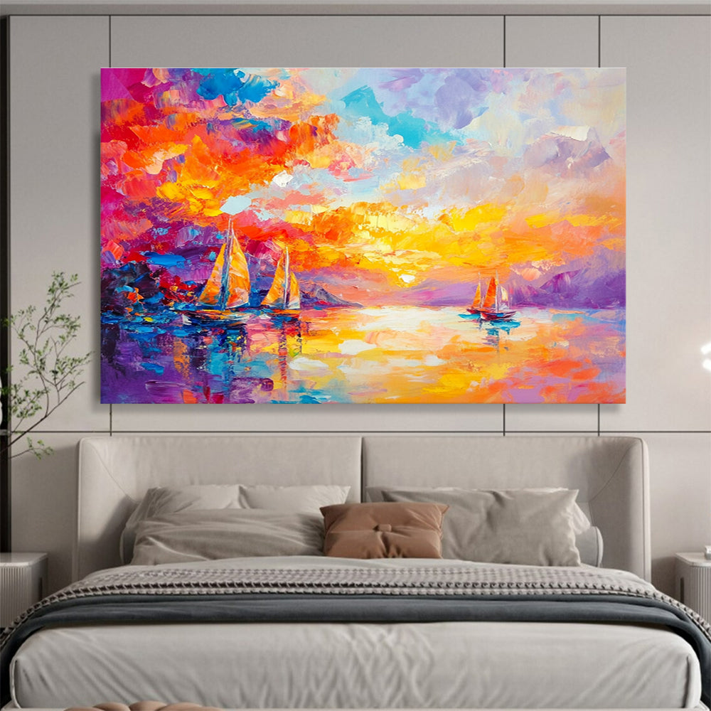 Large abstract painting capturing a vibrant sunset over the sea with sailboats in a colorful and dreamlike style.SC180