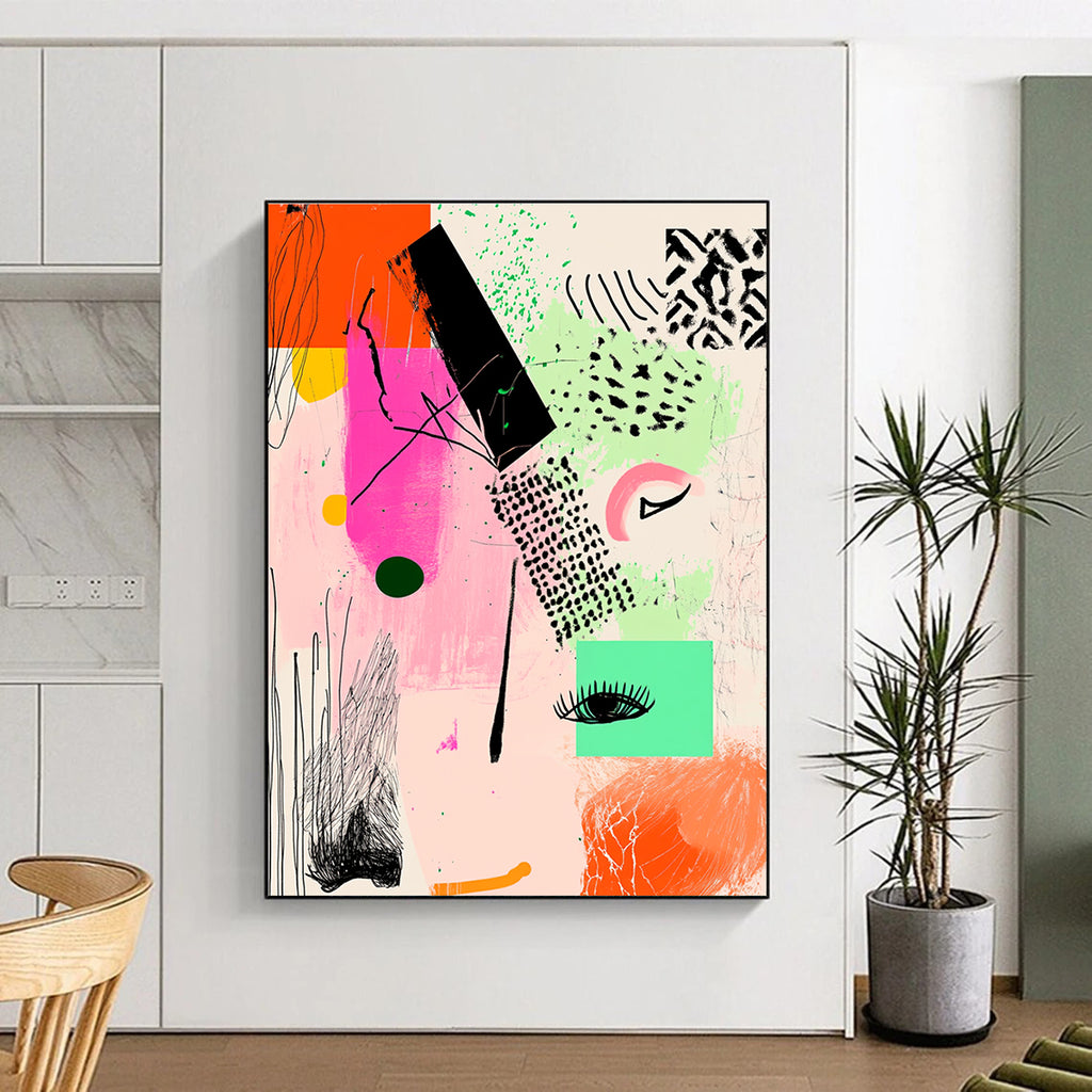 Large abstract artwork featuring pink and green shapes with geometric line art and black ink illustrations on a warm light orange background.STSC982