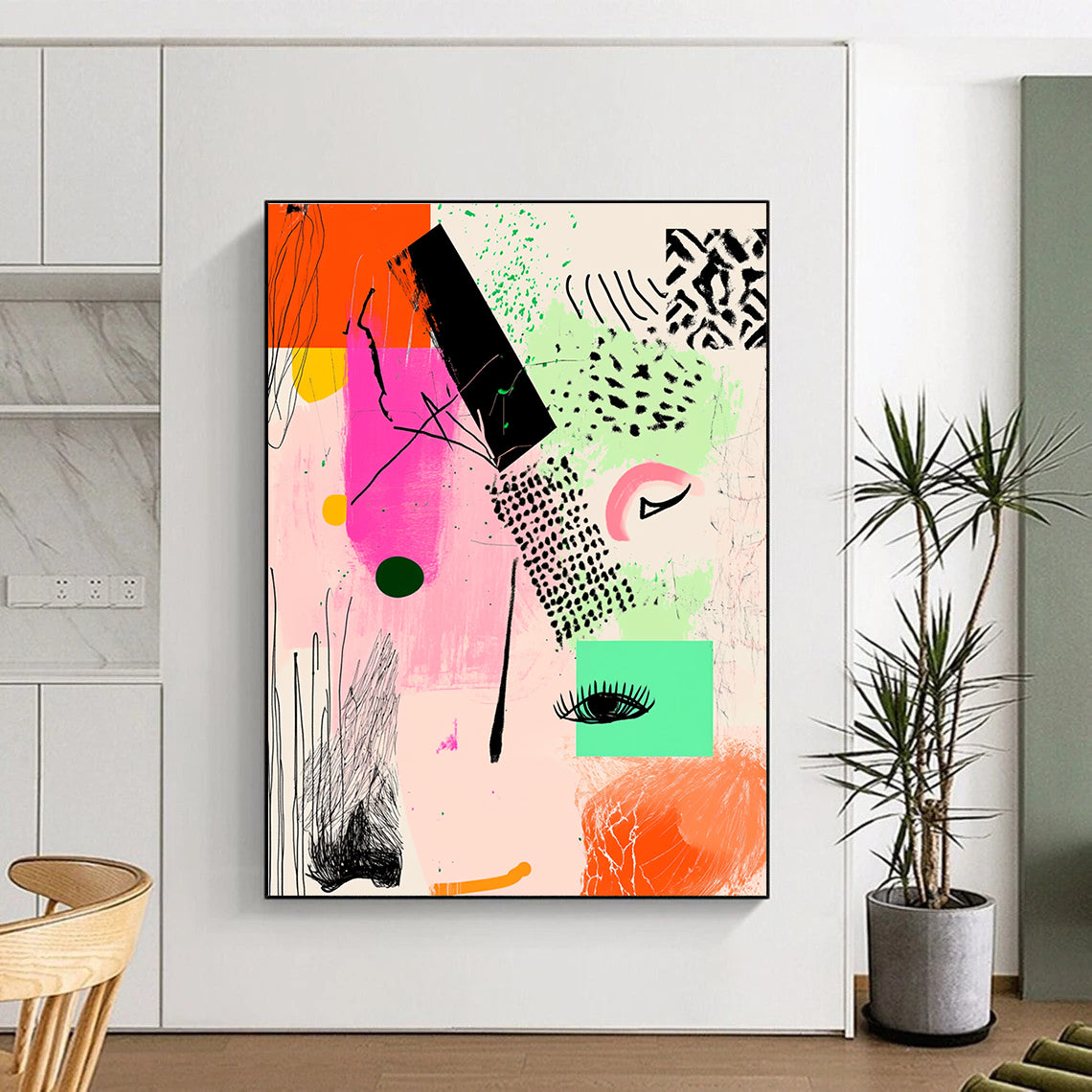 Large abstract artwork featuring pink and green shapes with geometric line art and black ink illustrations on a warm light orange background.STSC982
