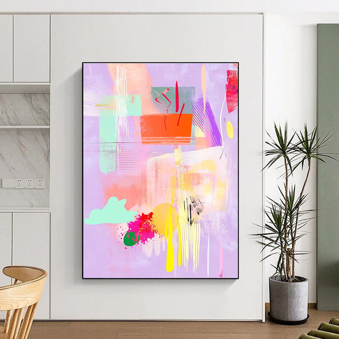 Large abstract painting featuring pastel shapes and textures with clouds flowers and musical notes on a light purple background adding depth and spaciousness.STSC546