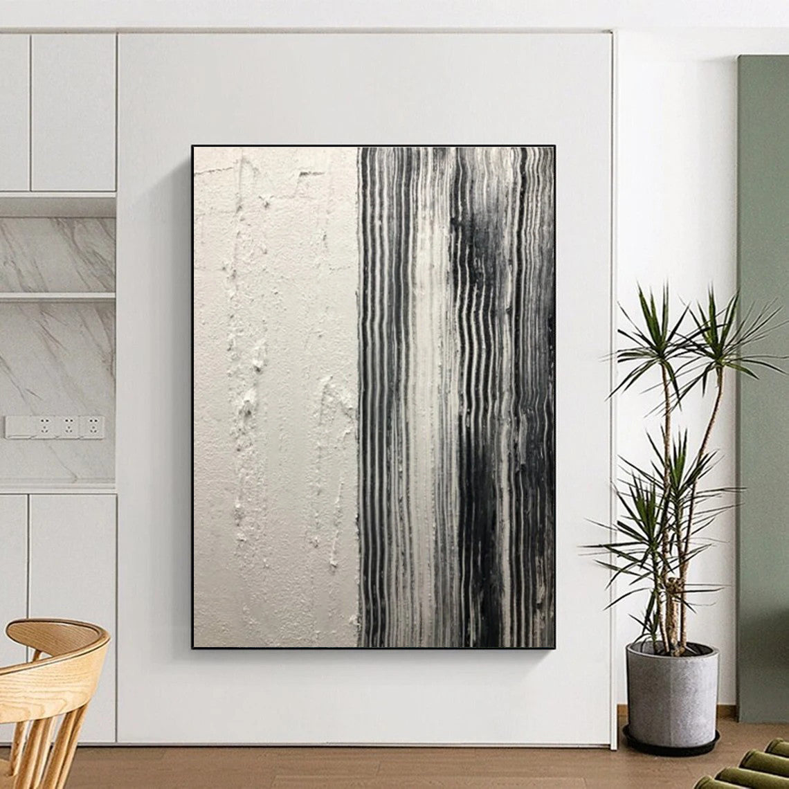 Black and White Striped Textured Abstract Painting ADGE382