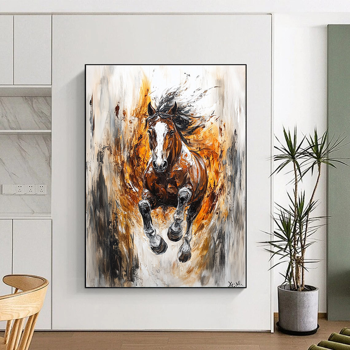 Large abstract painting featuring a wild horse in motion with dynamic colors and strong contrasts embodying speed and freedom.STSC1368