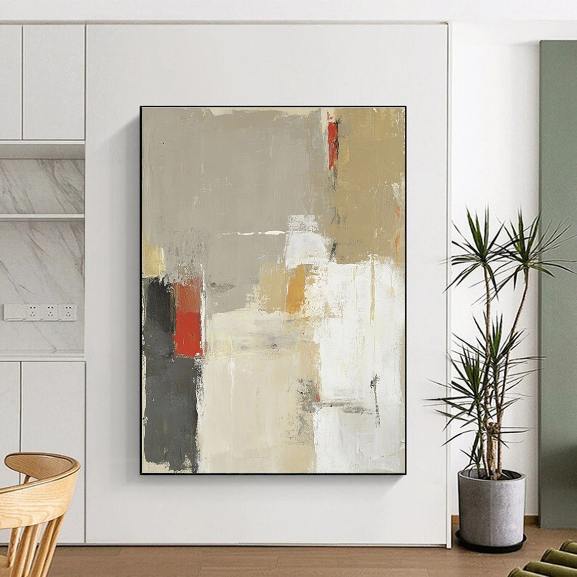 Large abstract painting in beige and gray with red accents featuring soft brush strokes and bold shapes.STSC616