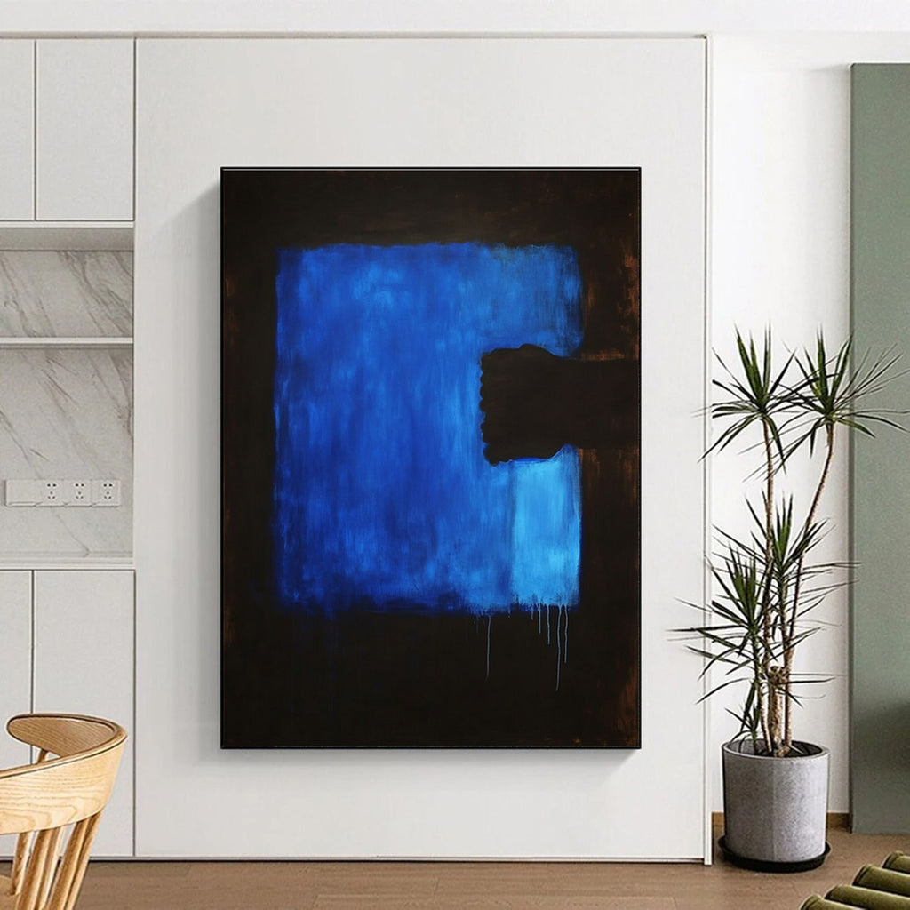 Large abstract painting featuring a dark blue background and a blue foreground, creating a striking visual depth and emotional resonance.STSC1313