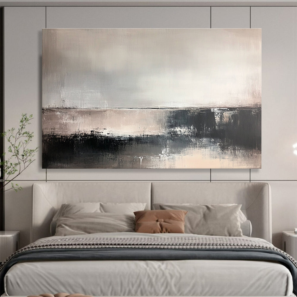Large abstract painting in soft neutral tones featuring deep textures and a faint horizon line, evoking tranquility and contemplation in an abstract landscape.SC382