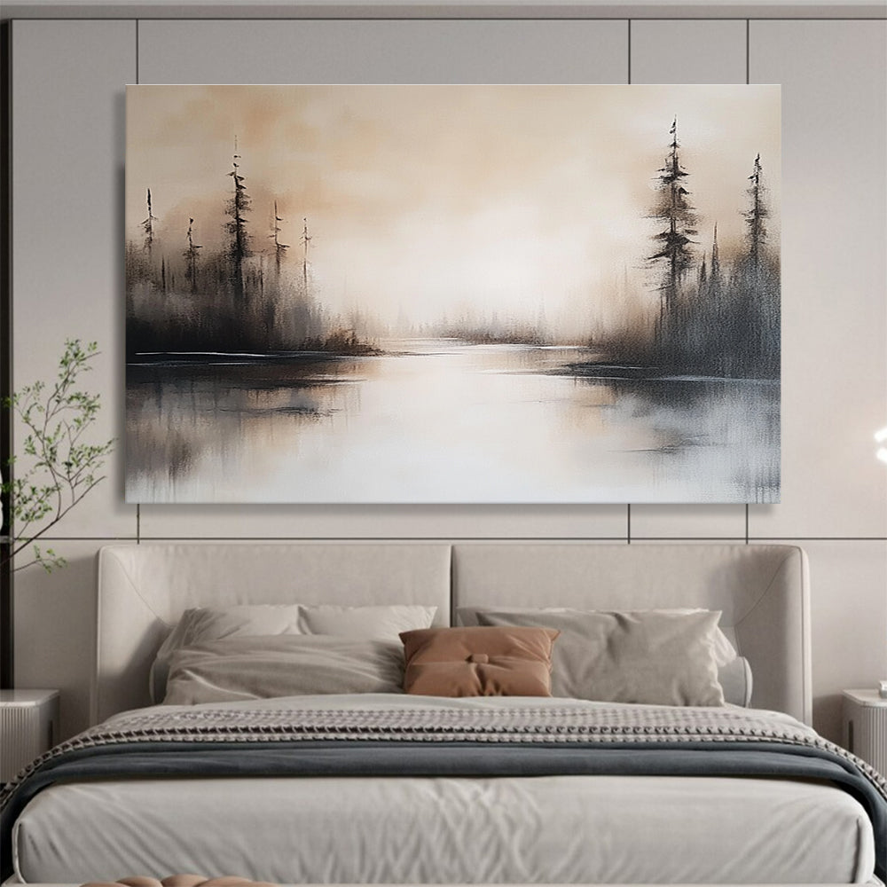 Abstract painting featuring a serene lake landscape in neutral tones with soft brush strokes and misty water reflections capturing a peaceful setting.SC052