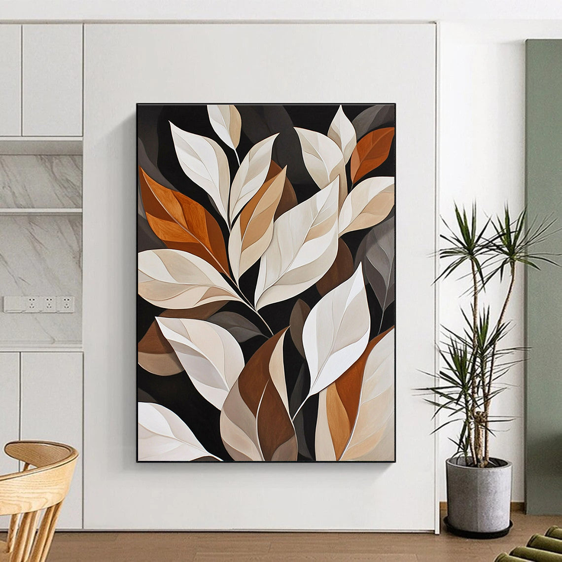 Large abstract painting of white leaves on a black background featuring elegant brown and beige tones with detailed foliage and soft lines.STSC1151