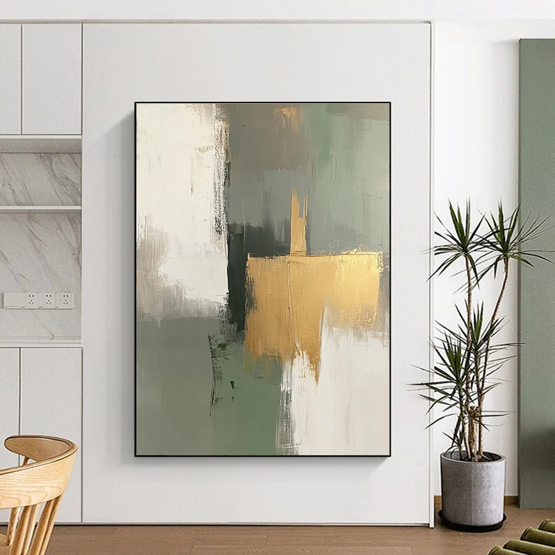 Green Gold and Gray Abstract Painting with Minimalist Geometry GER558