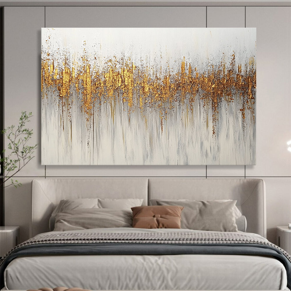 Large abstract painting featuring gold and silver glitter texture on a minimalist white background with neutral tones.SC209