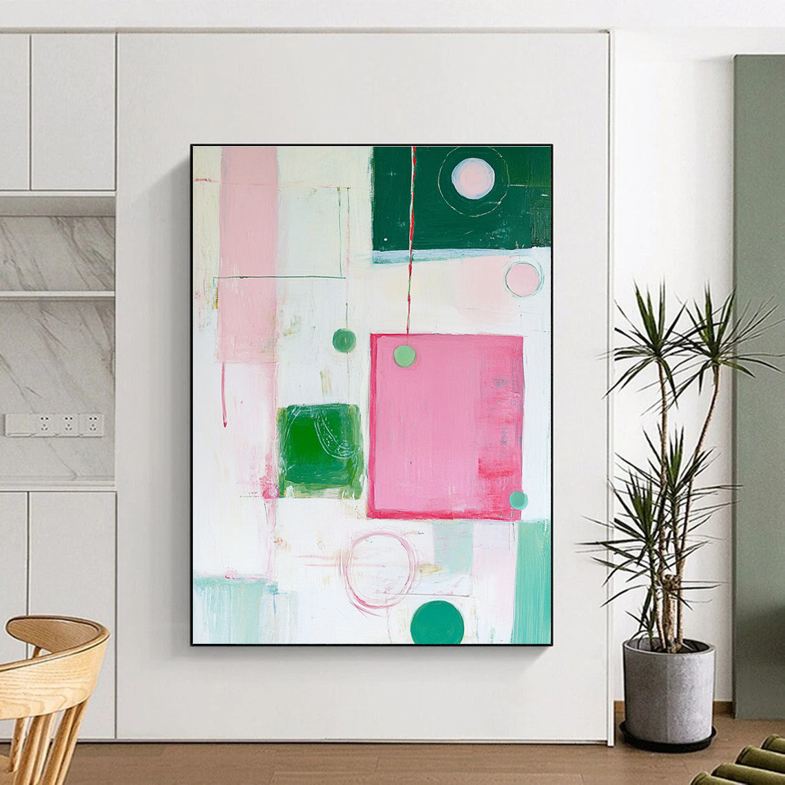 Pink Green Abstract Painting with Playful Forms GER518