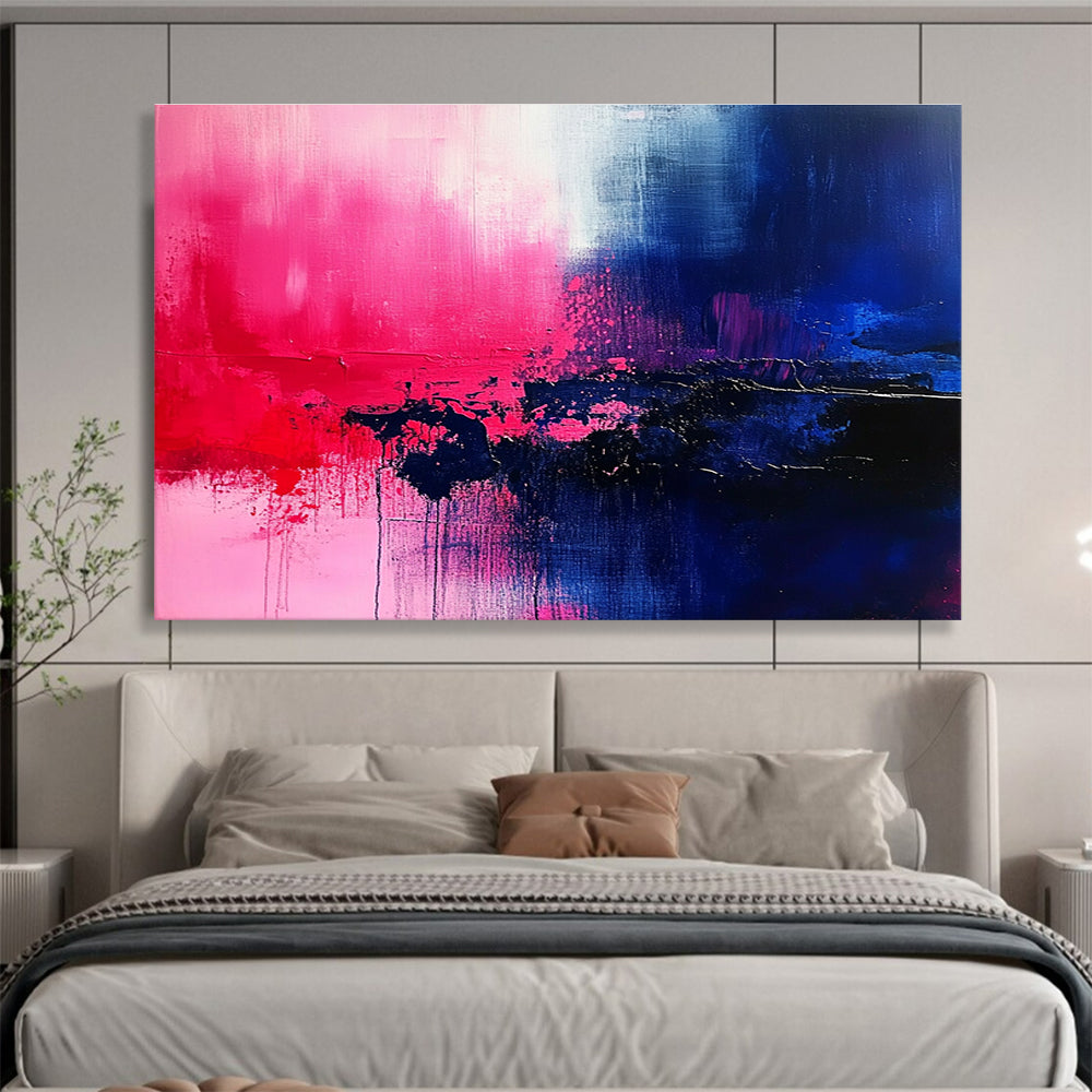 Large abstract painting featuring vibrant shades of blue pink red purple and black, ideal for contemporary decor.SC026