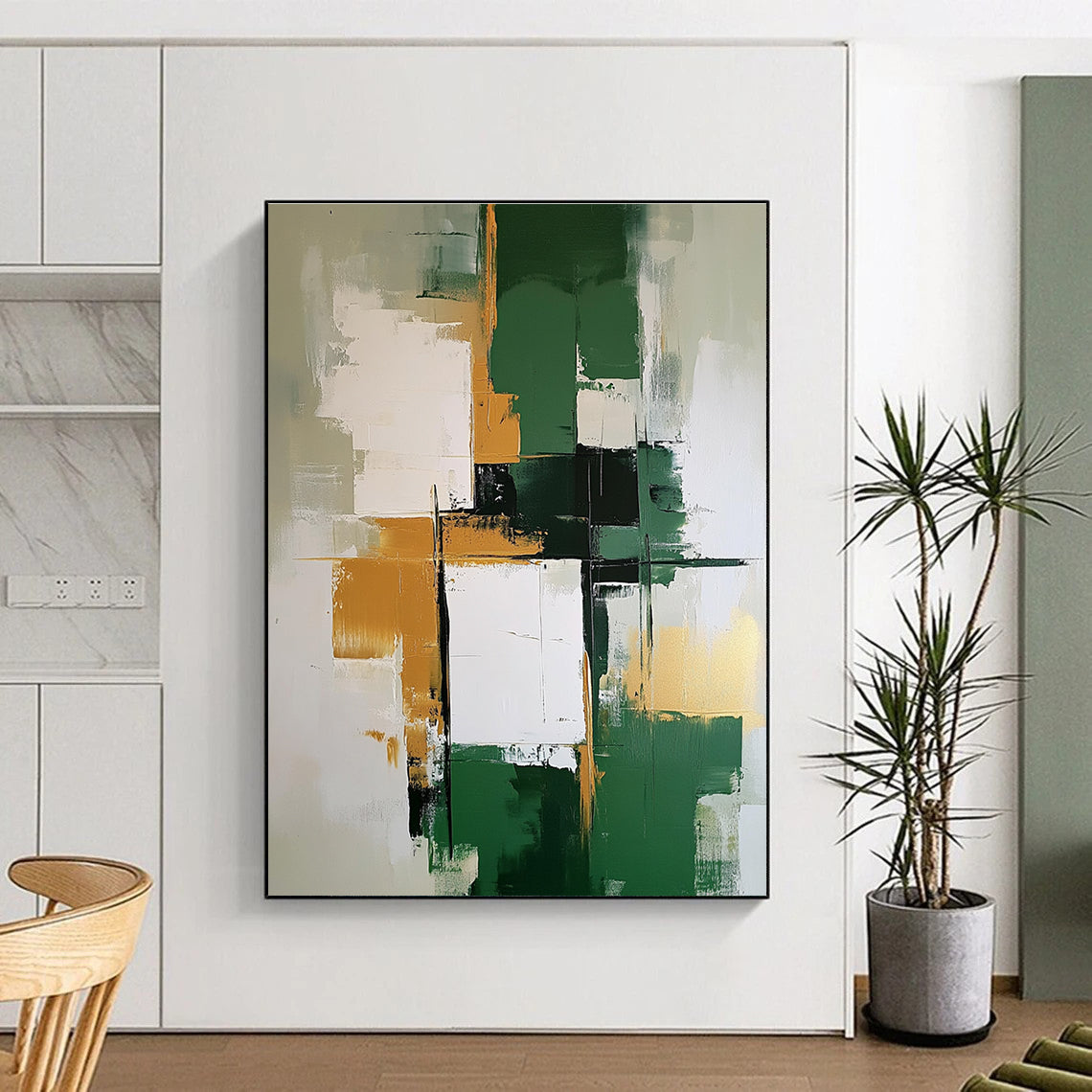 Green Gold and White Abstract Painting with Layered Blocks GER679
