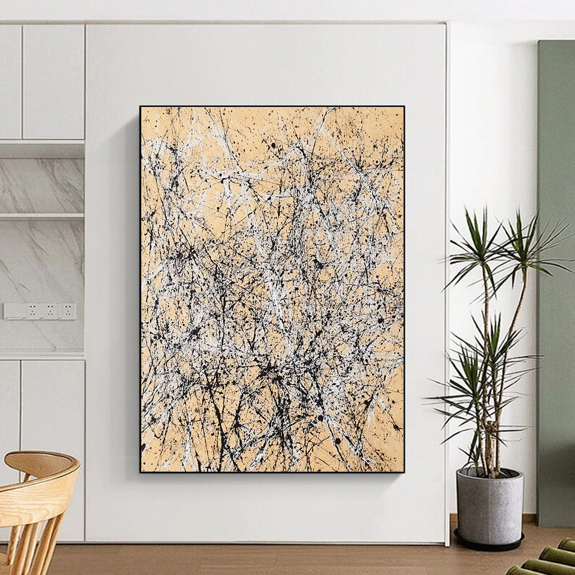 Black and White Splattered Abstract Painting on Beige Background GER002