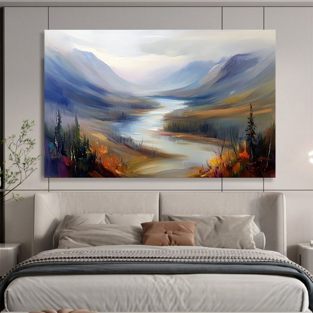 Large abstract painting of a misty Northern Canada river landscape featuring rolling hills and mountains in a warm color palette with soft brush strokes.SC405