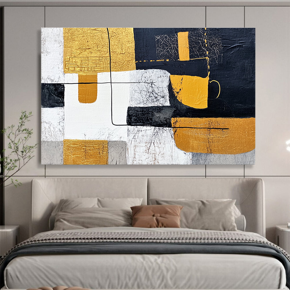 Large abstract painting featuring white and yellow shapes with black lines on a dark gray background inspired by Chinese landscapes and embellished with gold leaf.SC266