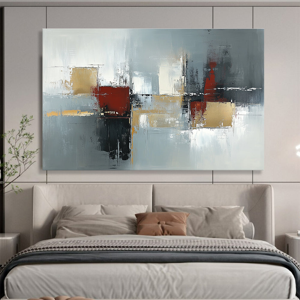 Large abstract painting in neutral tones and grays featuring urban-inspired shapes with depth and texture suitable for modern decor.SC244