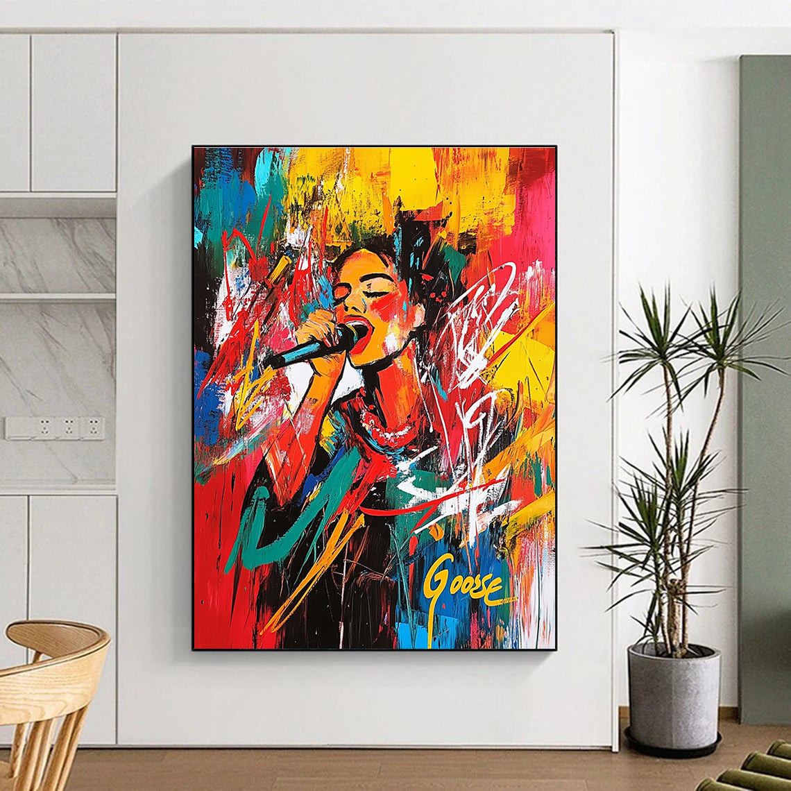 Large abstract painting of DJ Anna Kipreos at Christmas in Stung Treng with vibrant colors and energetic brush strokes creating a chaotic composition.STSC707