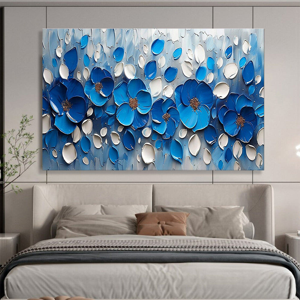 Blue Flower Relief Abstract Painting with Blue, White, and Brown Tones THY173