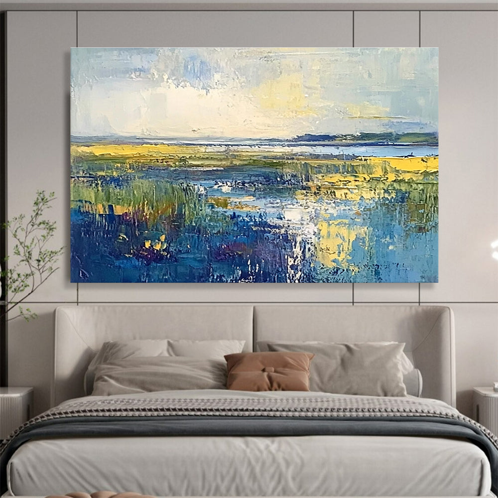 Large abstract landscape painting of the North Sea featuring blue green and yellow hues with an overcast sky on oil-painted canvas.SC072