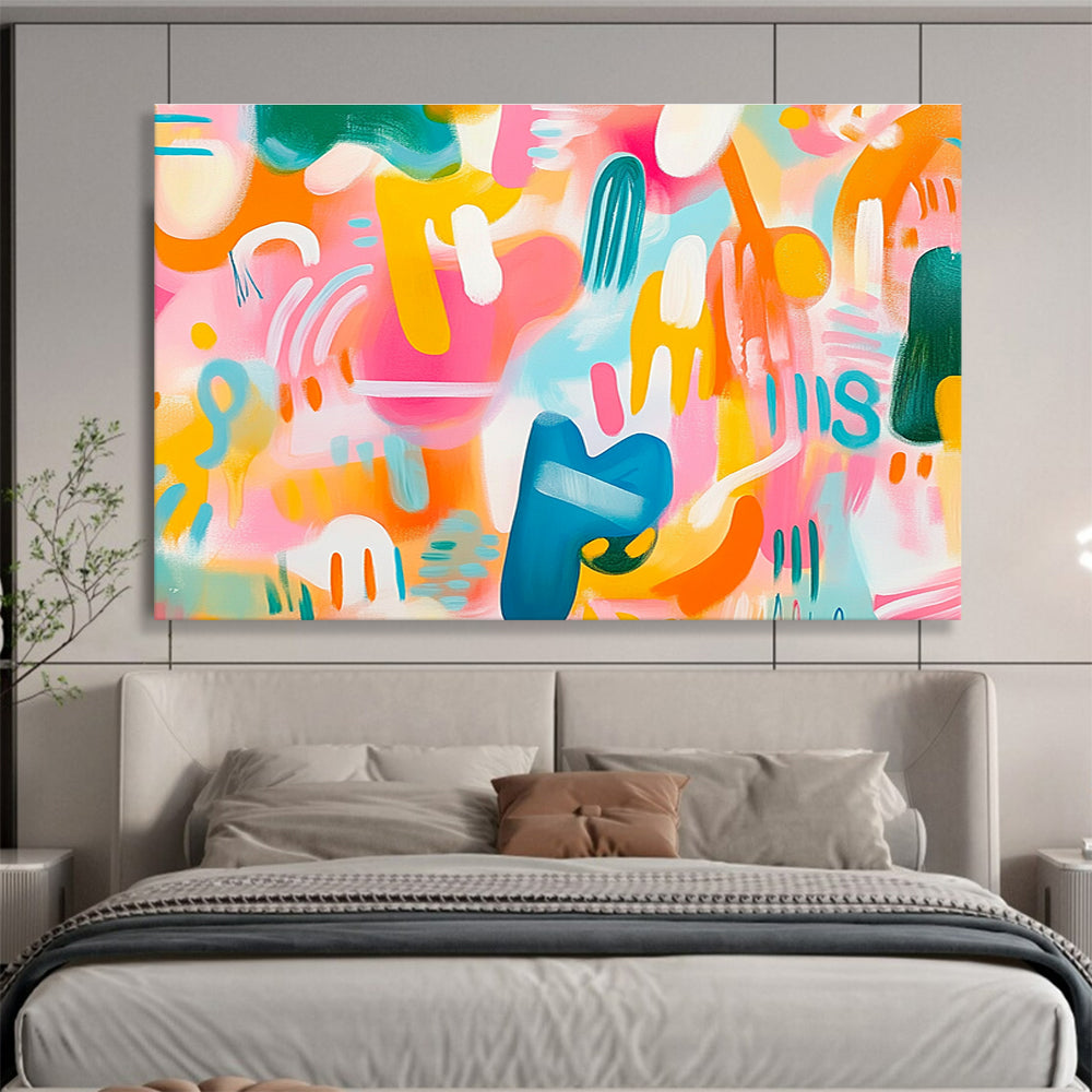 A vibrant abstract painting featuring playful shapes and colors in shades of pink orange and blue against a soft pastel background full of energy.SC483