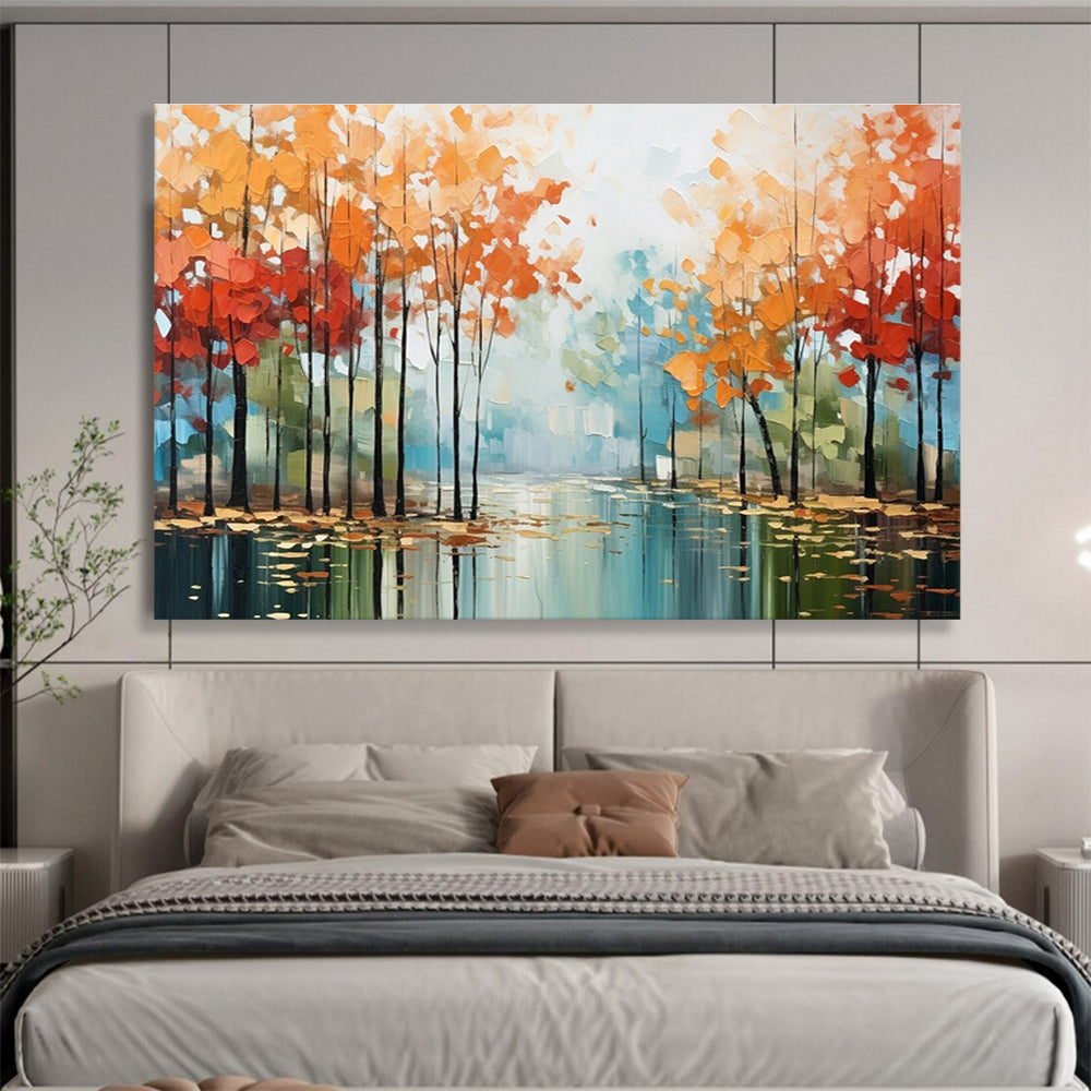Autumn River Abstract Painting with Red, Orange, and Blue Tones THY164