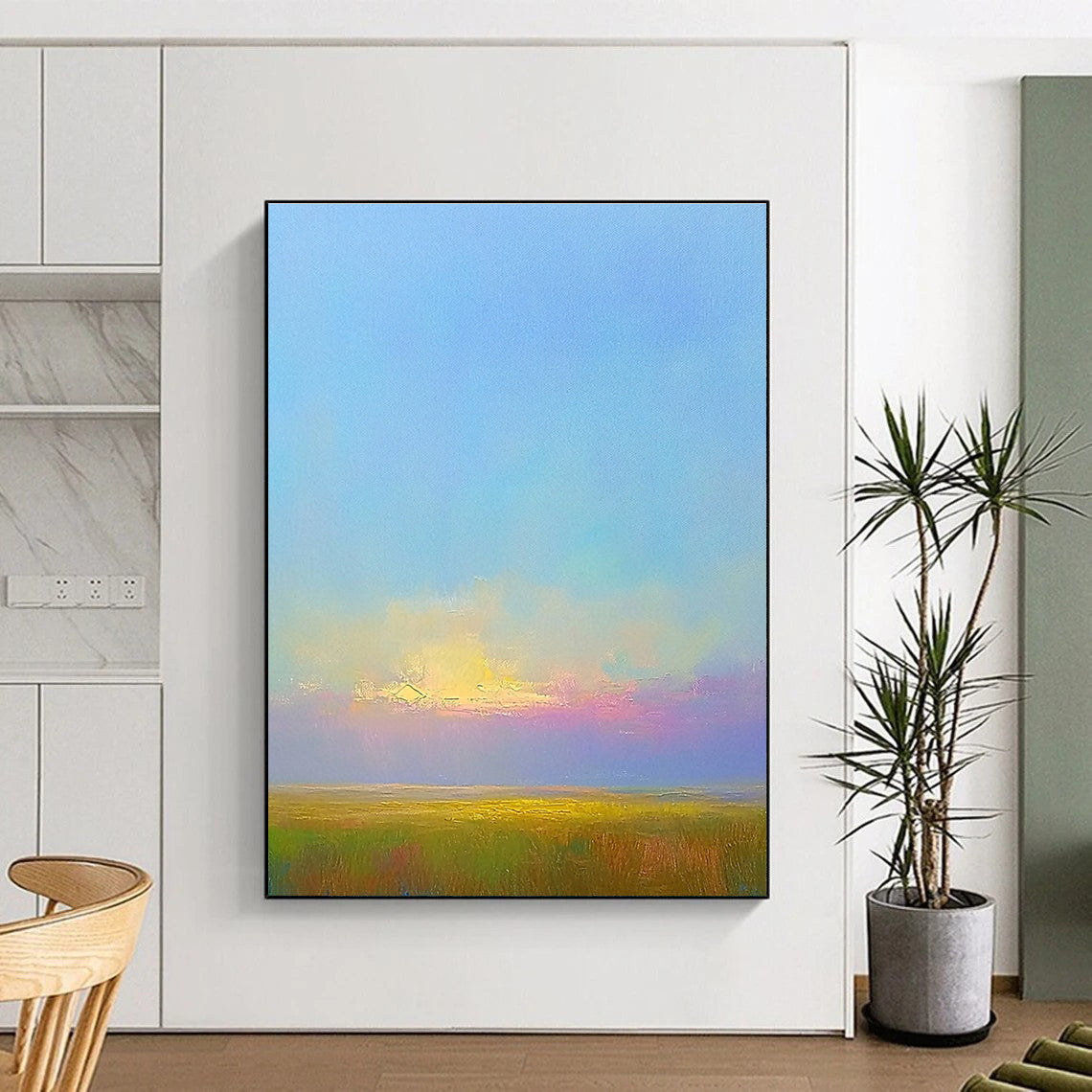 Large abstract painting featuring green fields under a soft blue sky with pink clouds highlighting Impressionist brushstrokes and serene natural beauty.STSC888
