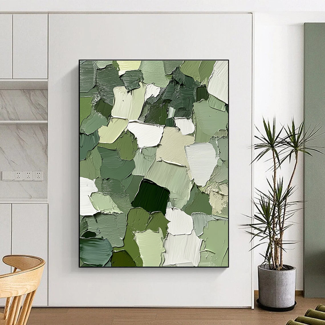 Green and White Patchwork Abstract Painting with Thick Brushstrokes GER043