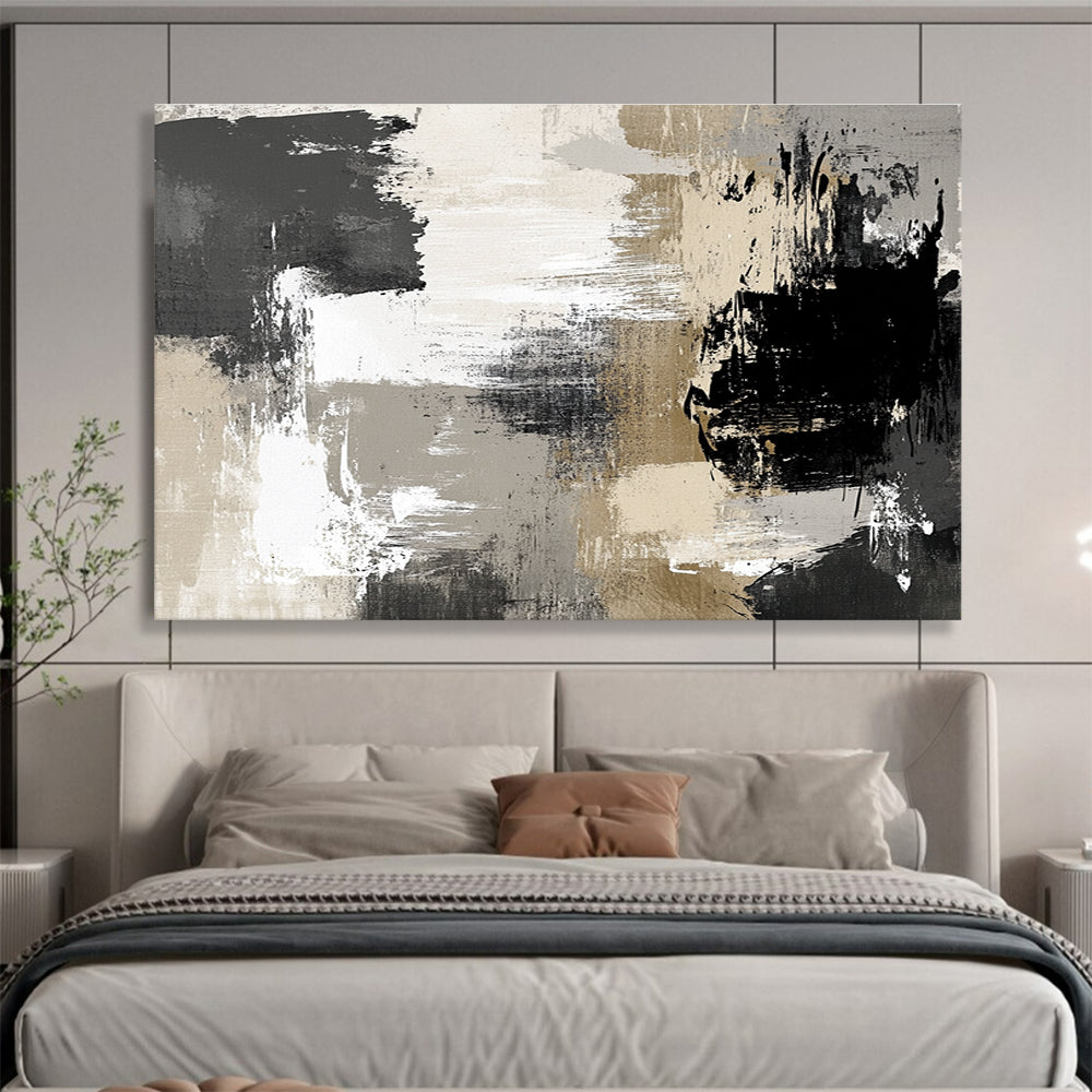 Large abstract painting in neutral gray beige and black tones featuring soft brushstrokes and elegant shapes perfect for contemporary home decor.SC507