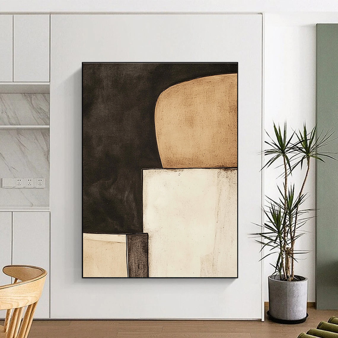 Black and Beige Abstract Painting with Minimalist Forms GER057
