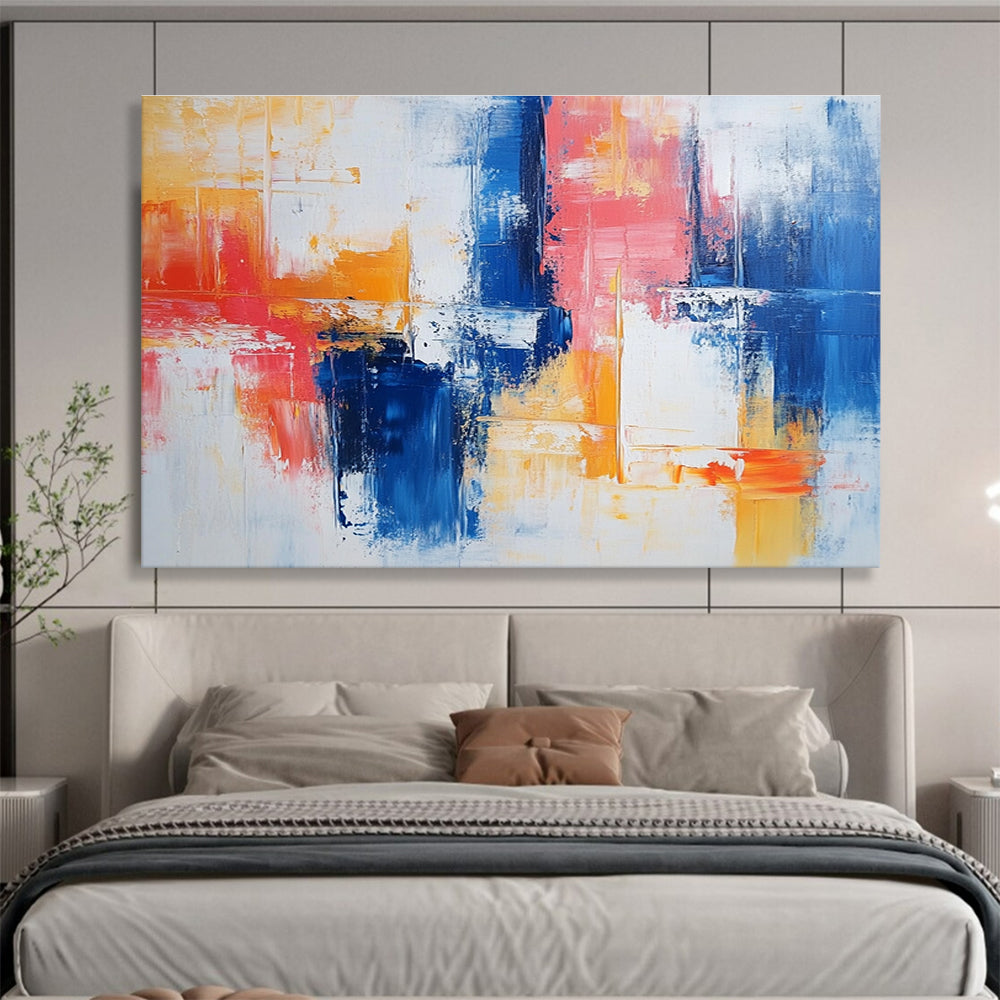 Large abstract painting with vibrant blue and red brush strokes on white, featuring yellow highlights and textured layers that evoke nostalgia and joy.SC263