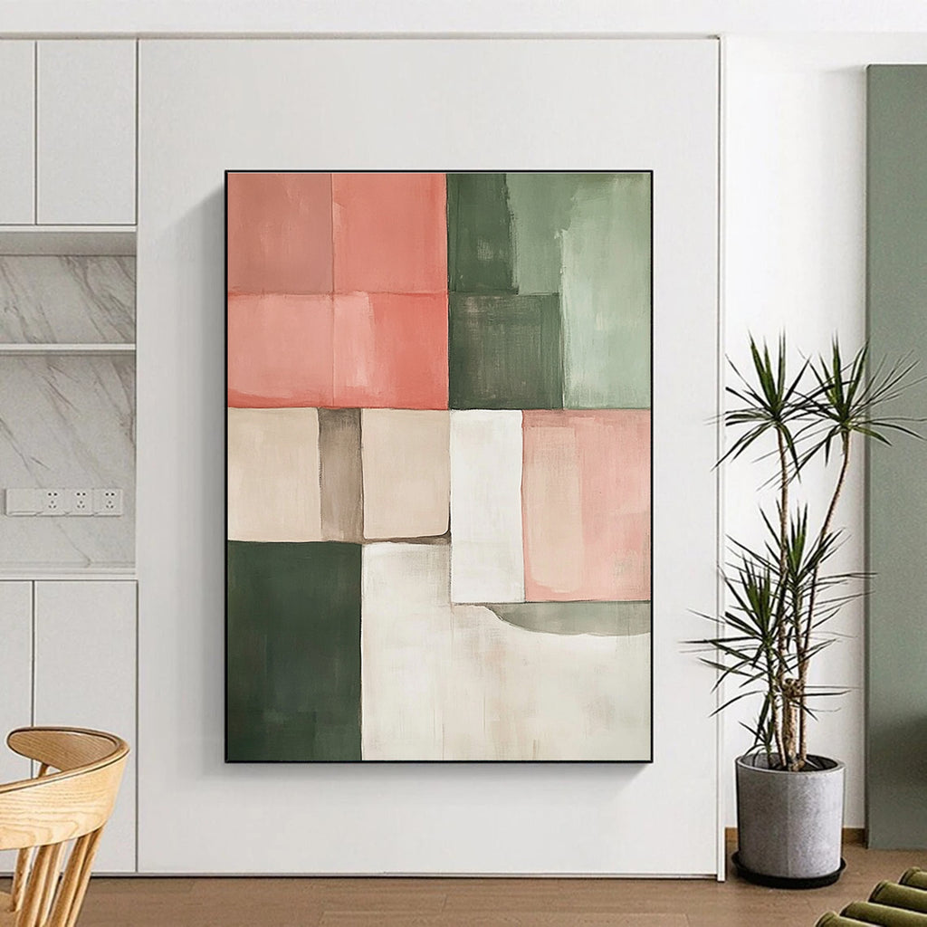 Large abstract painting in earthy tones of pink green and beige featuring geometric shapes perfect for modern decor.STSC243