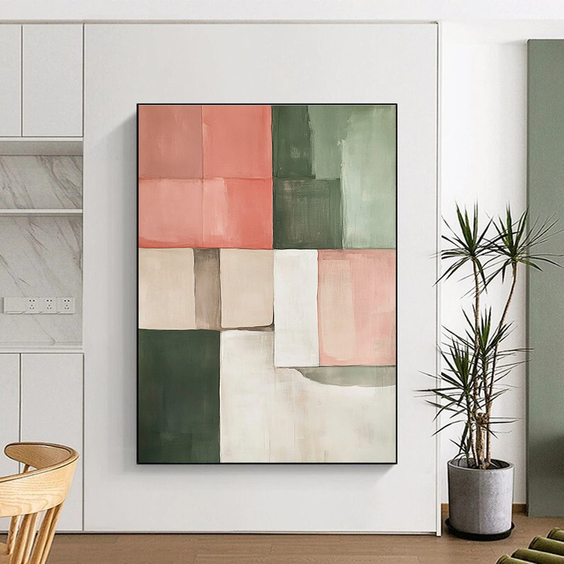 Large abstract painting in earthy tones of pink green and beige featuring geometric shapes perfect for modern decor.STSC243