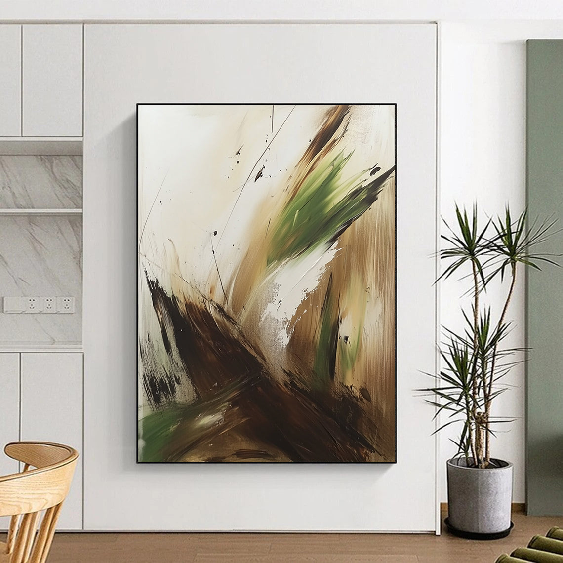 Large abstract painting in earthy brown green and white tones featuring thick brush strokes and splashes inspired by Marjane Satrapi.STSC752
