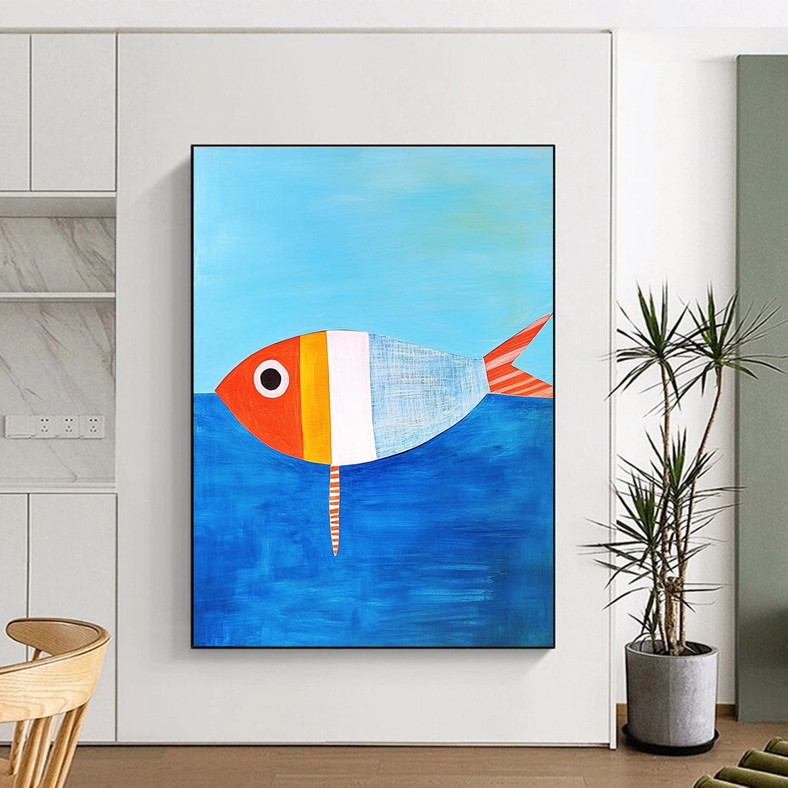 A large abstract painting featuring a simple paper fish in Matisse style against blue water with an orange and white striped tail.STSC1187