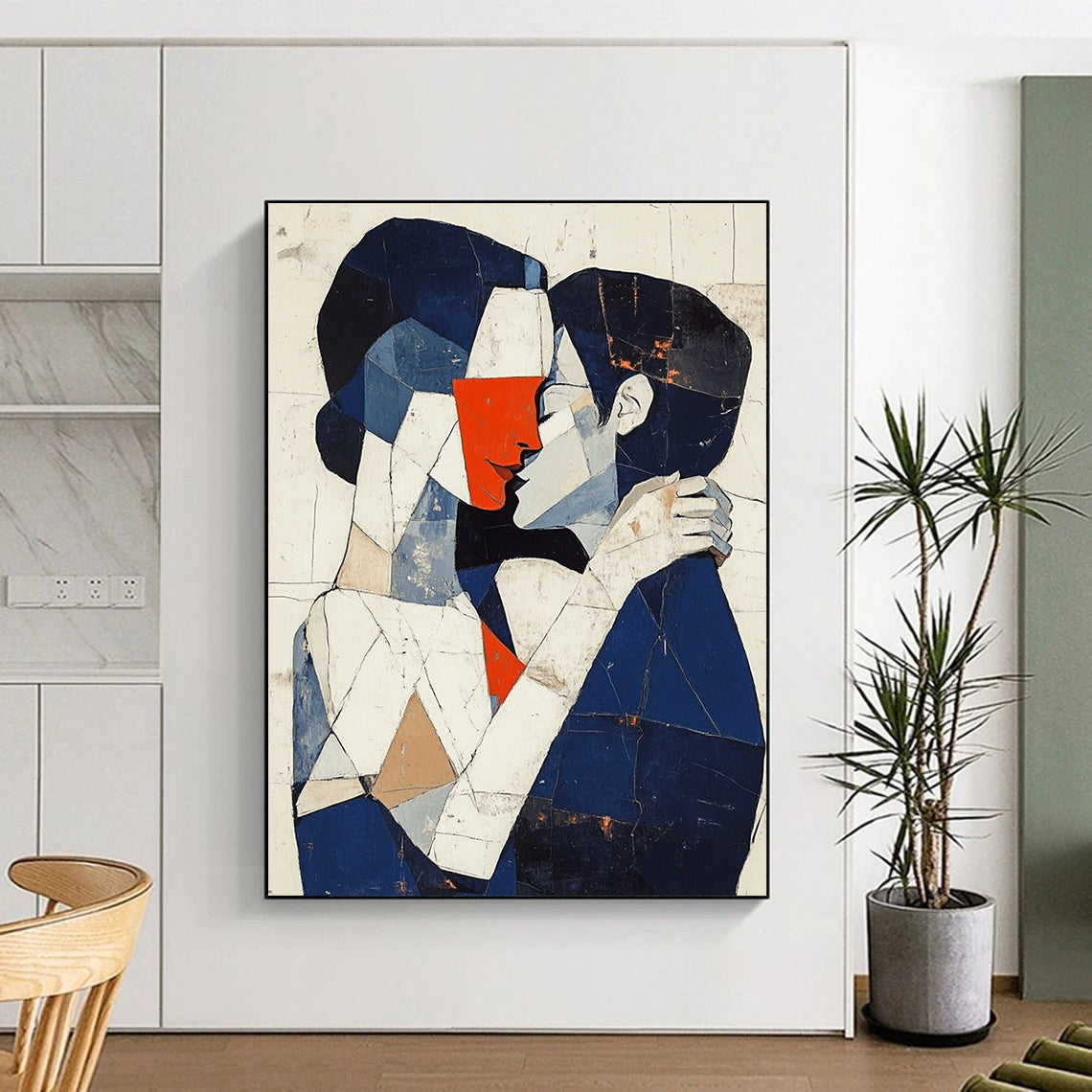 Abstract painting of a man and woman embracing in dark blue white and red tones with deconstructed tailoring and minimal background.STSC1055