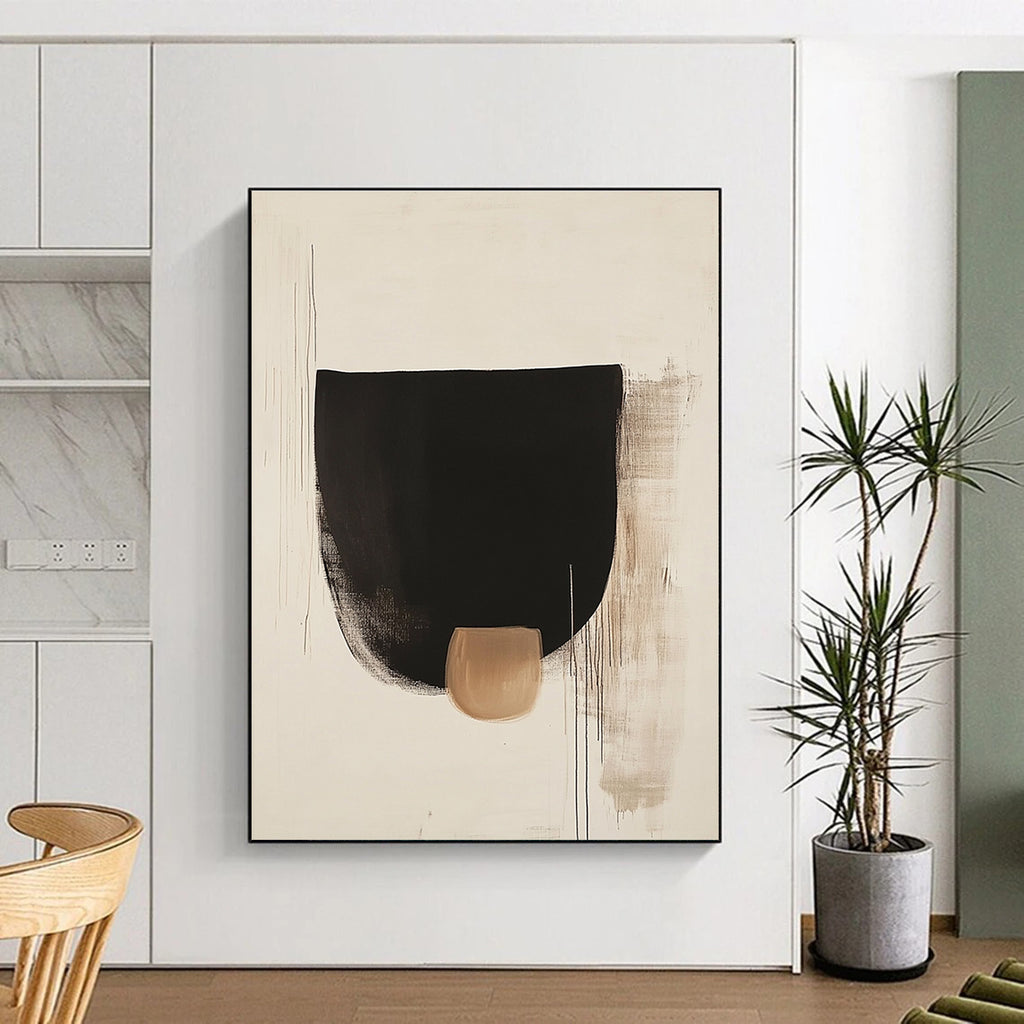 Large abstract black shapes on white background with a small brown detail inspired by Euan Uglow and Tadao Ando's minimalist style.STSC1069