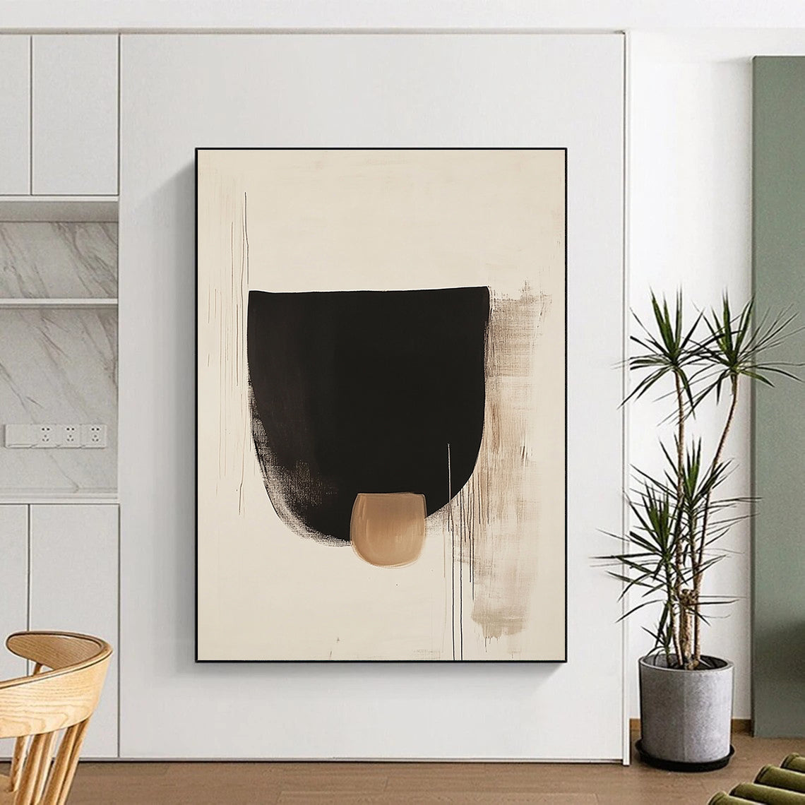 Large abstract black shapes on white background with a small brown detail inspired by Euan Uglow and Tadao Ando's minimalist style.STSC1069
