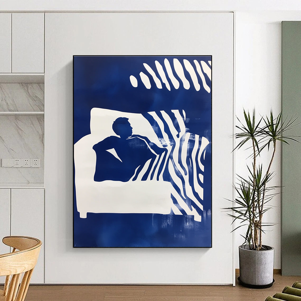 Abstract art featuring a man on a couch with blue and white stencil print and a zebra pattern background in a striking double exposure effect.STSC1210
